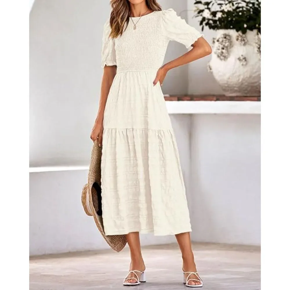 Women's Beige Polyester Crew Neck Short Sleeve A Line Casual Midi Dress